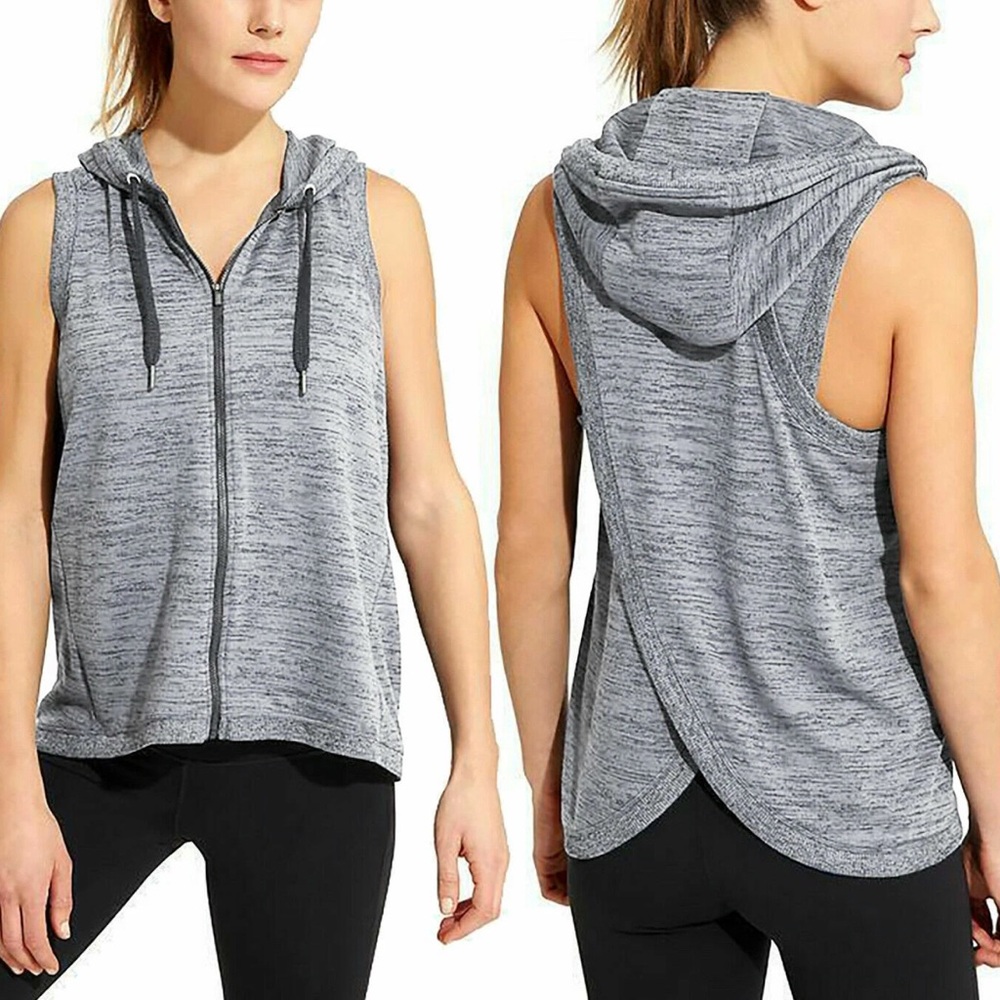 Athleta Blissful Balance Vest Women Size M Gray Full Zip Pockets Stretch Hooded